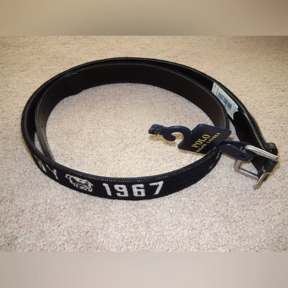 Polo Ralph Lauren Varsity Needlepoint Bulldog Black Belt Size 36 